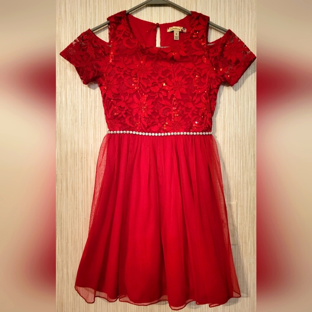 GORGEOUS girls holiday dress. Ruby red with sequin accents. Size 8.
